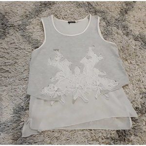 New Women's Dex Boutique Tank Top White Gray Crochet Sheer Lace Shirt Size Small